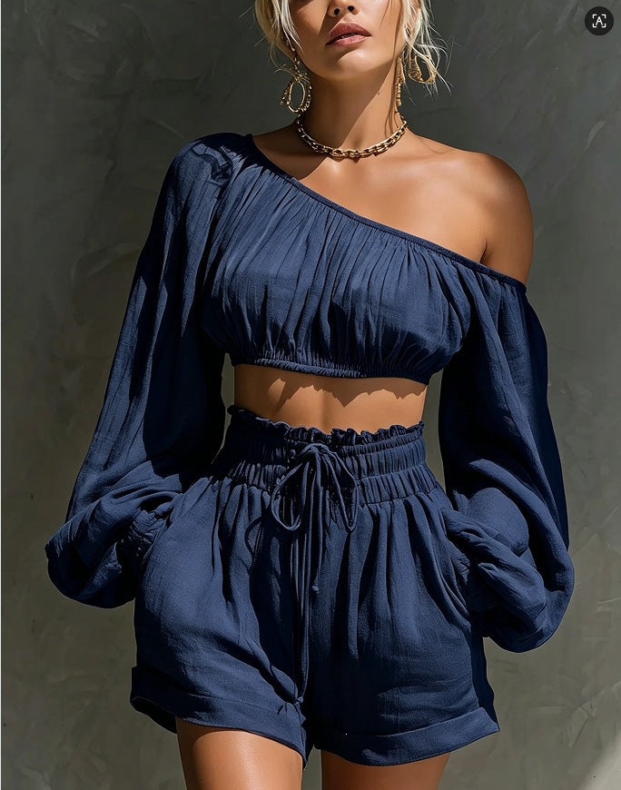 Women's One-Shoulder Ruched Crop Top & High-Waist Shorts Set also in Plus Sizes