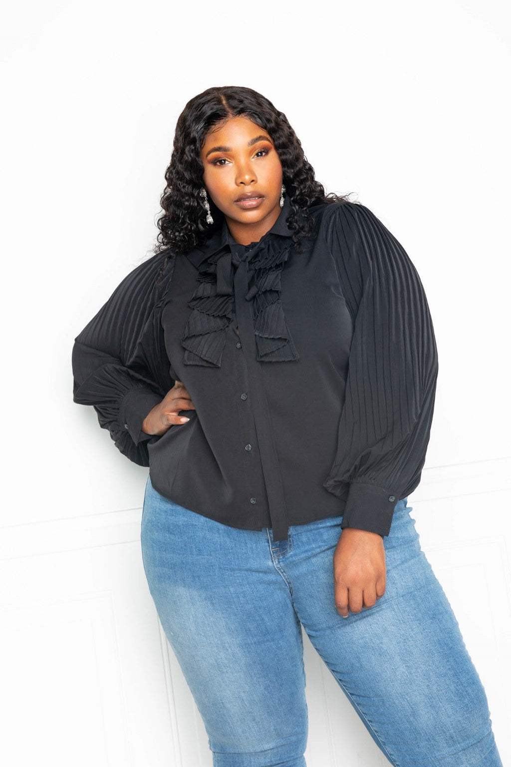 Pleated Sleeve Plus Size Blouse With Waterfall Frill And Bow