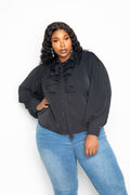 Pleated Sleeve Plus Size Blouse With Waterfall Frill And Bow