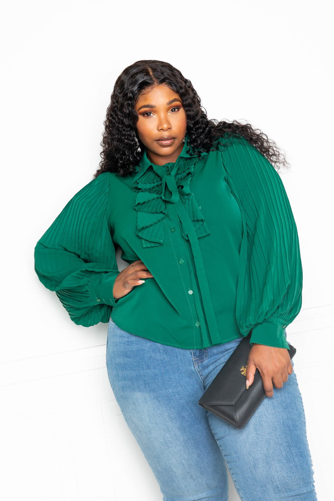 Pleated Sleeve Plus Size Blouse With Waterfall Frill And Bow