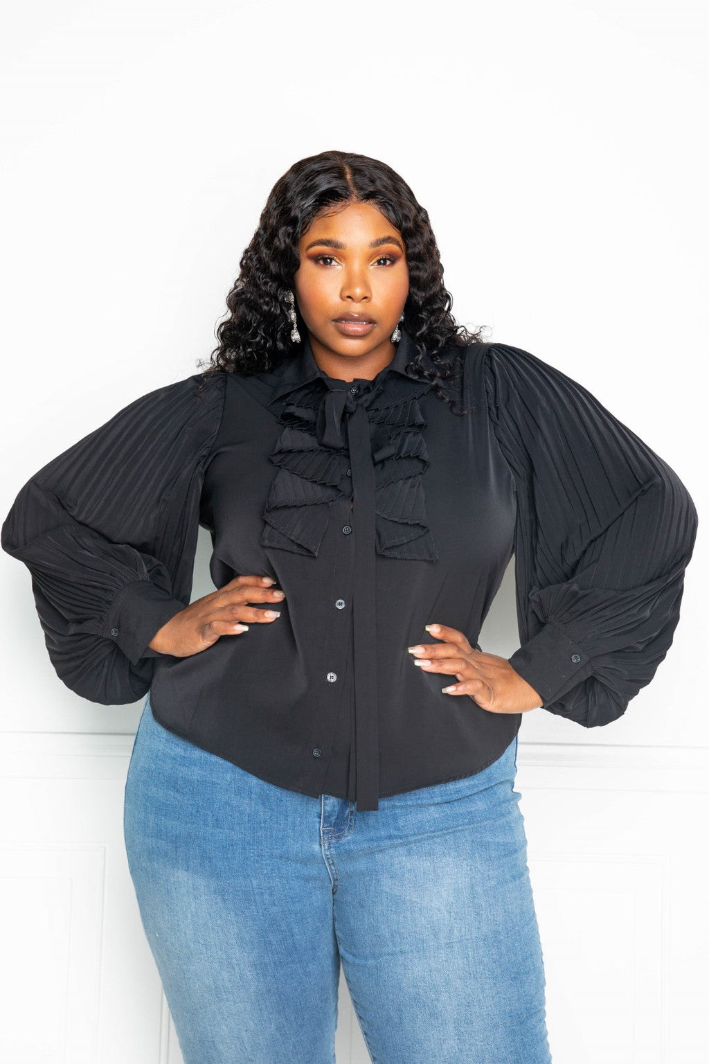Pleated Sleeve Plus Size Blouse With Waterfall Frill And Bow