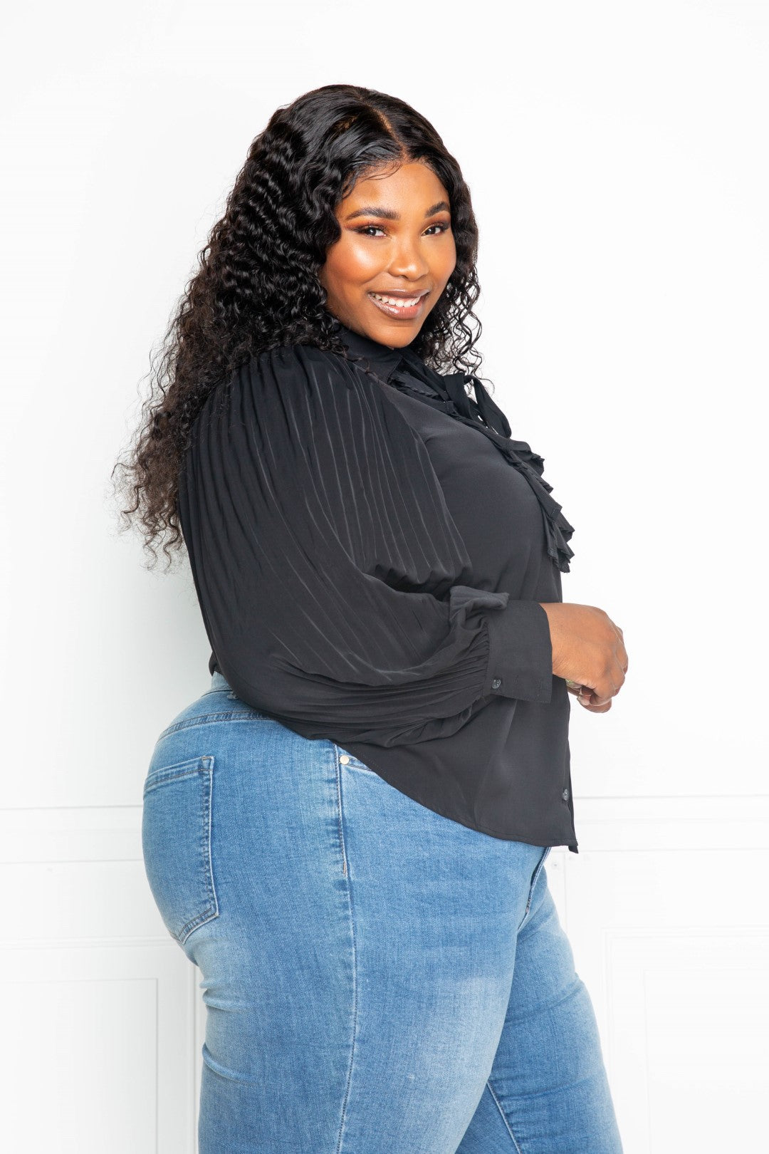 Pleated Sleeve Plus Size Blouse With Waterfall Frill And Bow