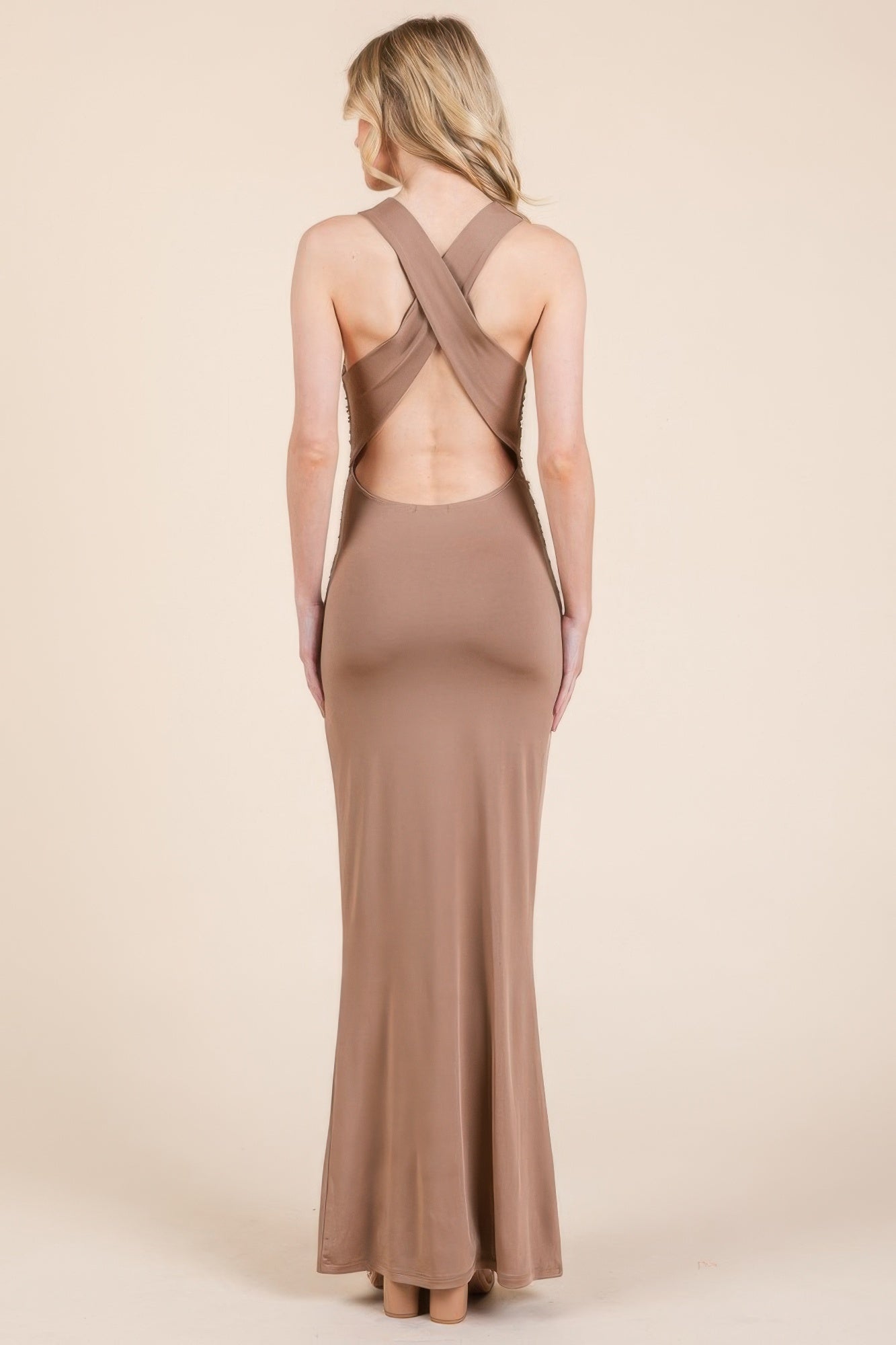 Cowl Neck Cross Back Shirring Maxi Dress