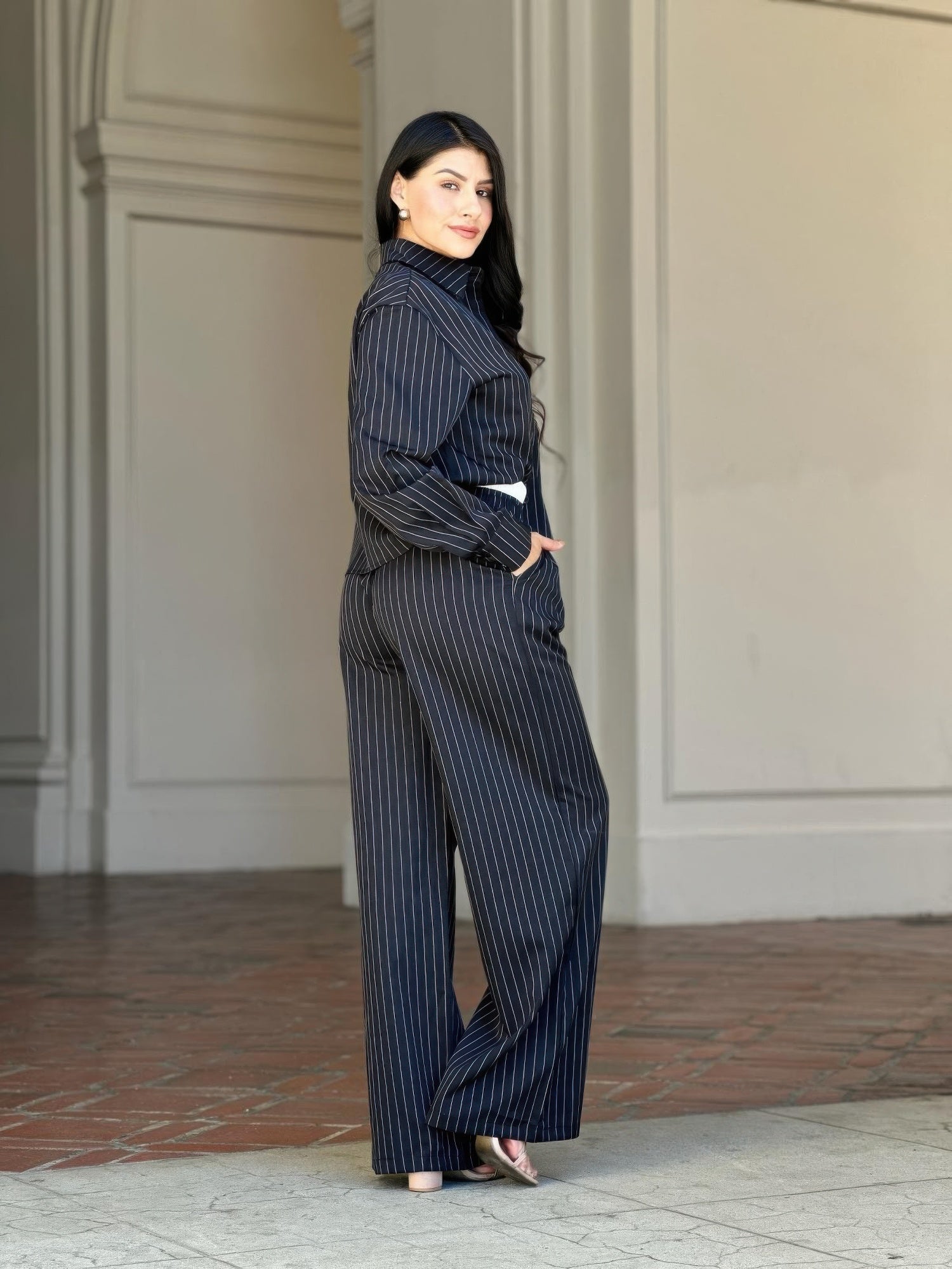 Striped Set With Double Waistband Pants And Top