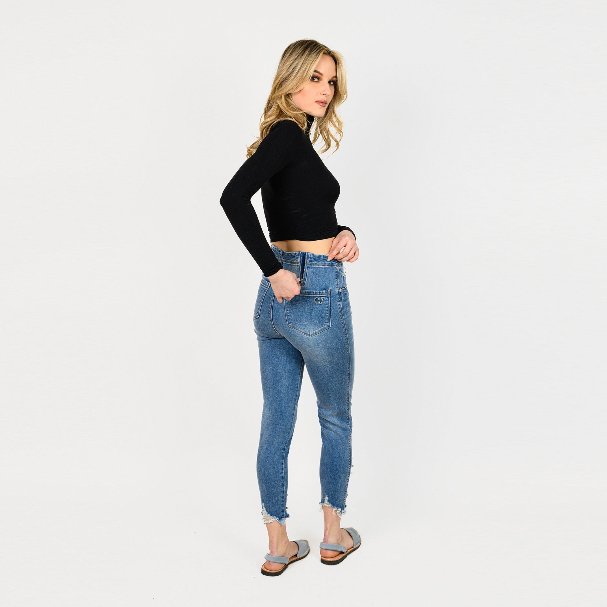 Pearl Beaded Distressed Hem Capris