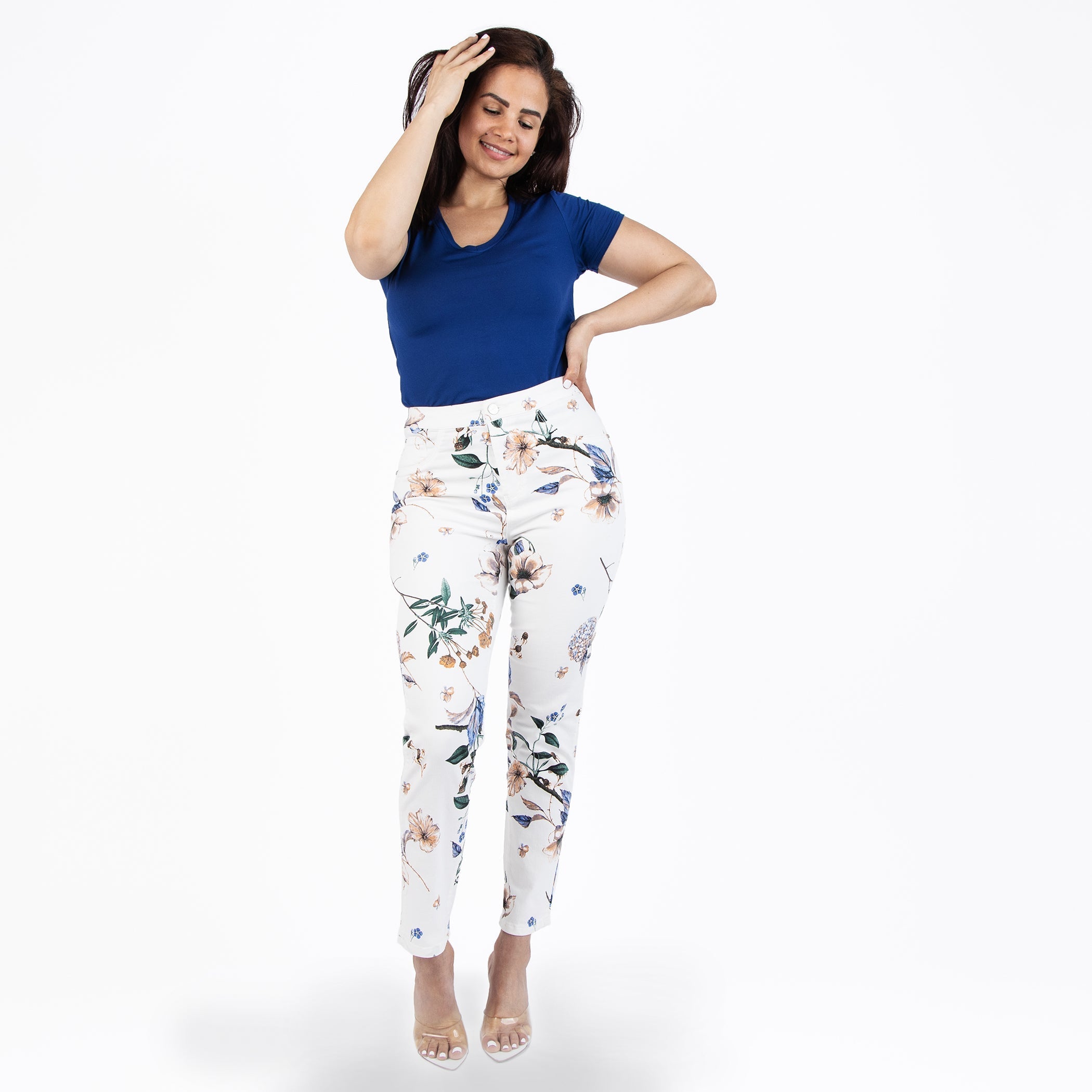 White and Purple Printed Capris Jeans