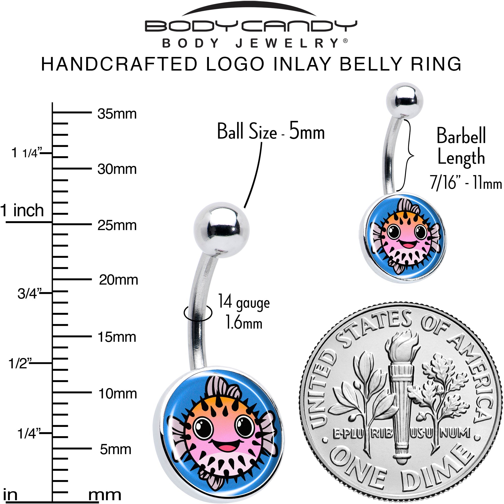 Swimming Pink Pufferfish Belly Ring by Onyx O