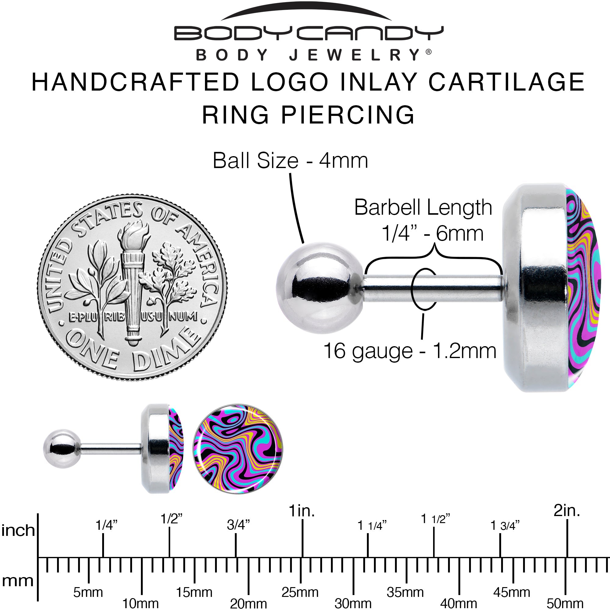 16G 1/4 Funky Swirls Cartilage Tragus Earring by Onyx O