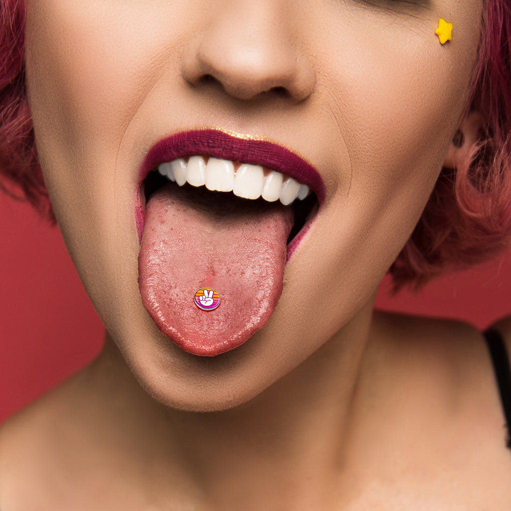 Retro Stripes Peace Sign Fingers Barbell Tongue Ring by Onyx O