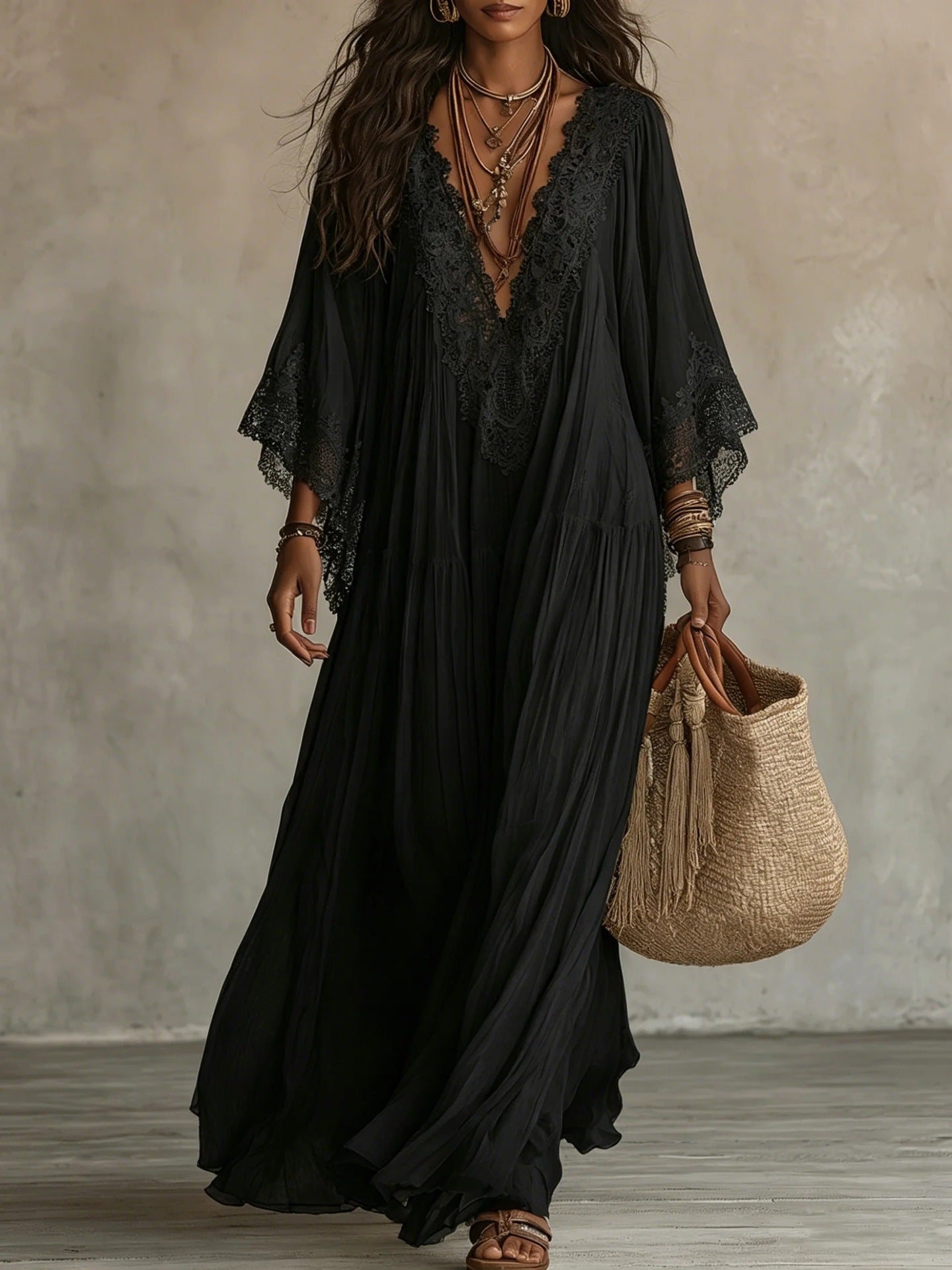 Women's Deep V-Neck Lace Trim Flared Sleeve Boho Maxi Dress, Plus Sizes