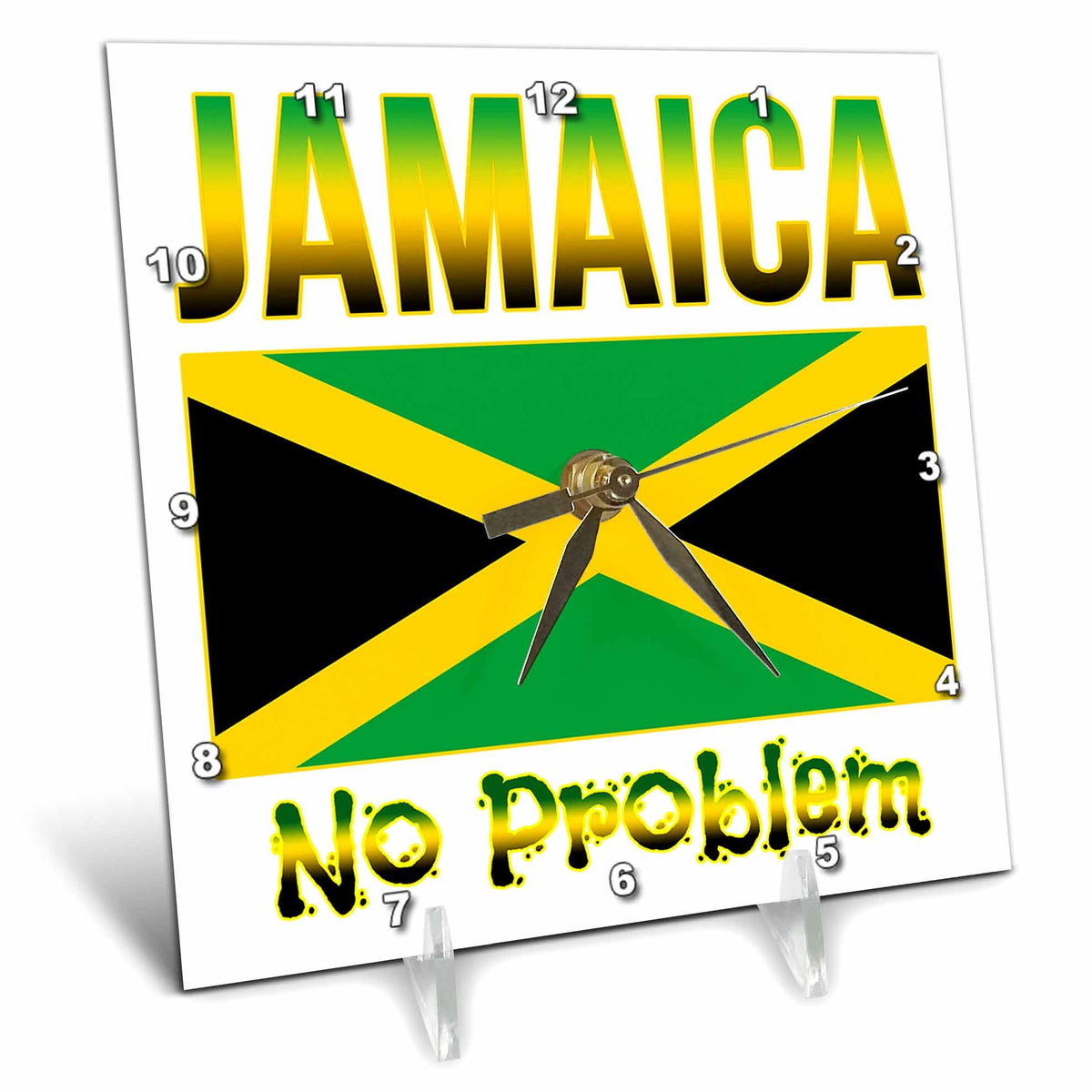 3dRose Macdonald Creative Studios – Caribbean - The National Flag of The Island of Jamaica and Phrase, No Problem. - Desk Clocks