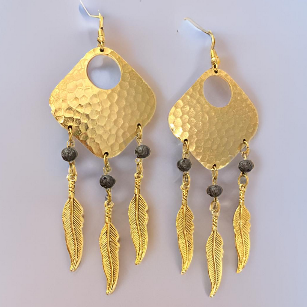 Bohemian Dream Catcher Earrings with Feathers and Black Lava Rocks by The Urban Charm