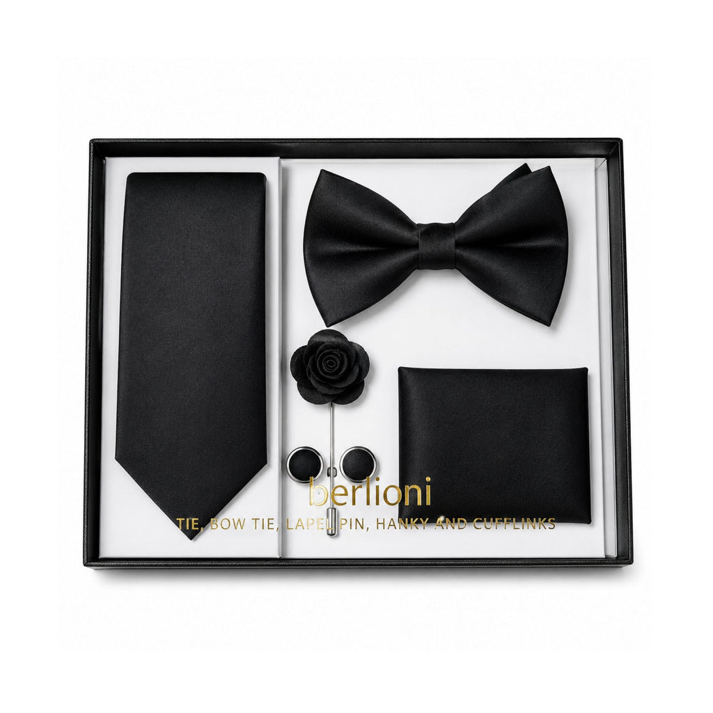 Berlioni 5PC Matching Tie, Bow-tie, Lapel pin, Hanky & Cufflinks Gift Set 155TGS1