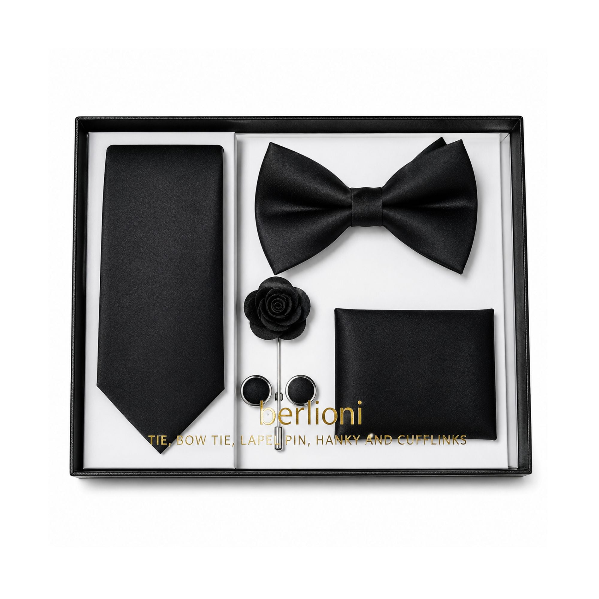 Berlioni 5PC Matching Tie, Bow-tie, Lapel pin, Hanky & Cufflinks Gift Set 155TGS1