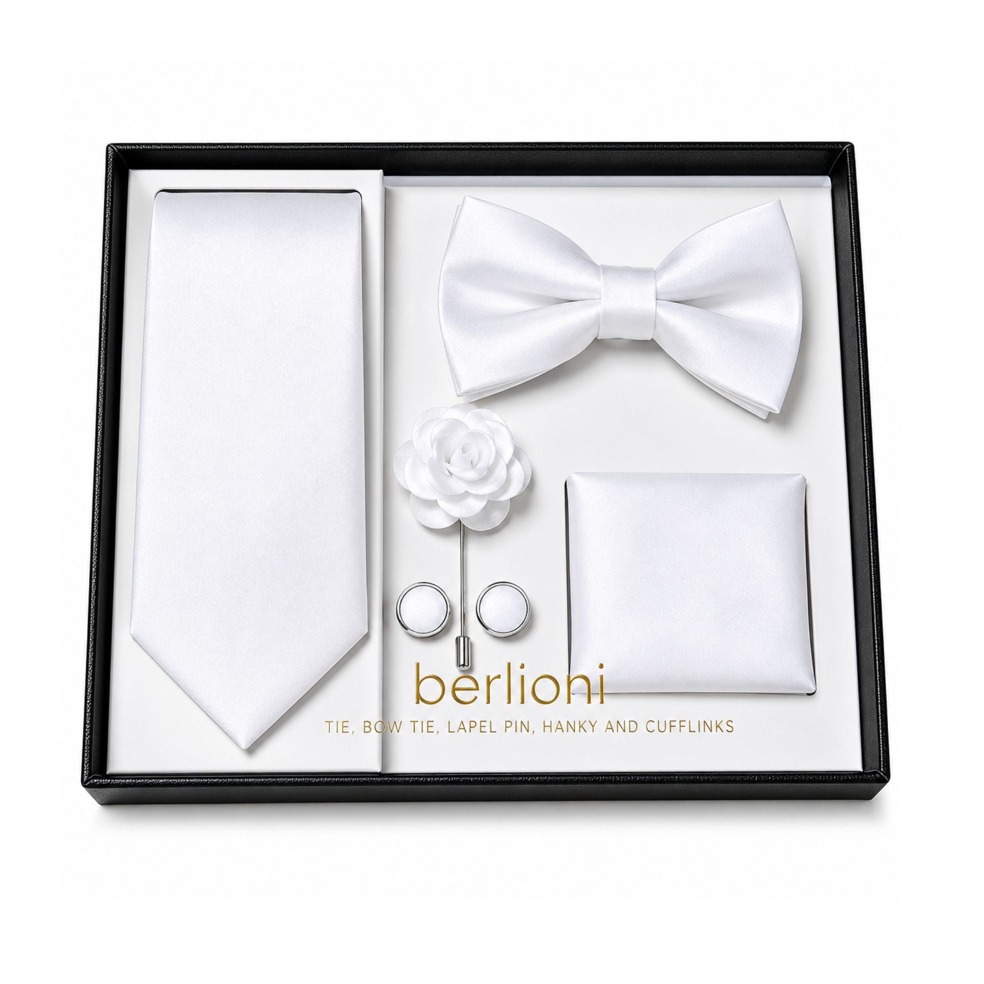 Berlioni 5PC Matching Tie, Bow-tie, Lapel pin, Hanky & Cufflinks Gift Set 155TGS1