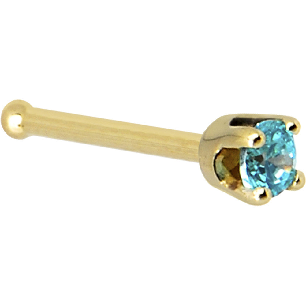 Solid 14K Yellow Gold 2mm Mint Green Cubic Zirconia Nose Ring