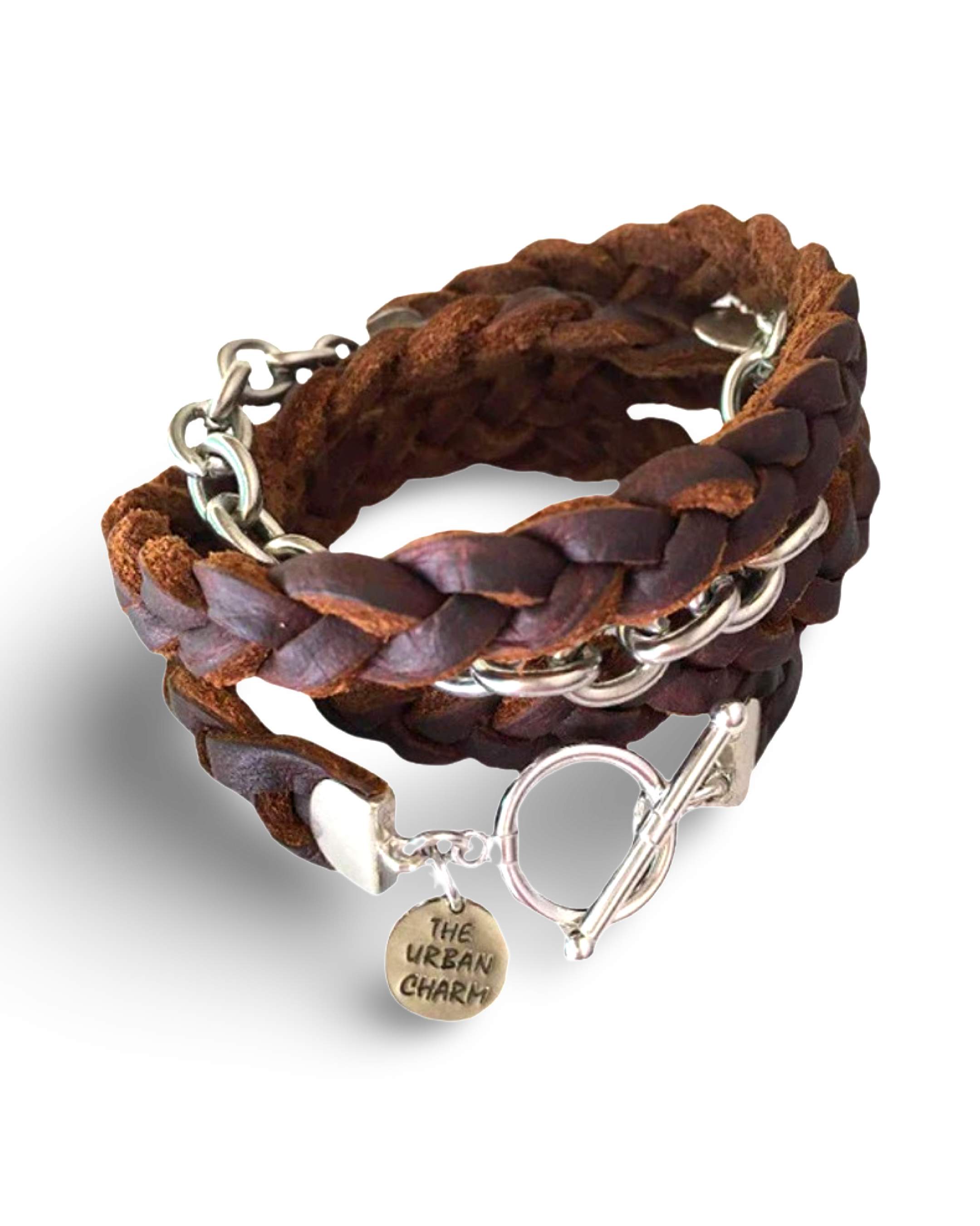 Brown Braided Four Wrap Genuine Leather Bracelet