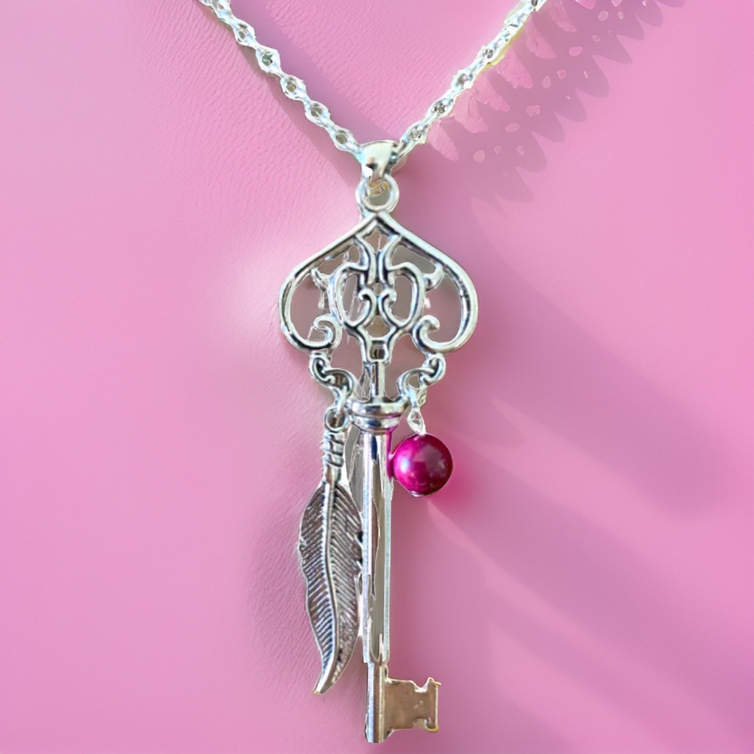 Skeleton Key Necklace with Pink Tiger’s Eye