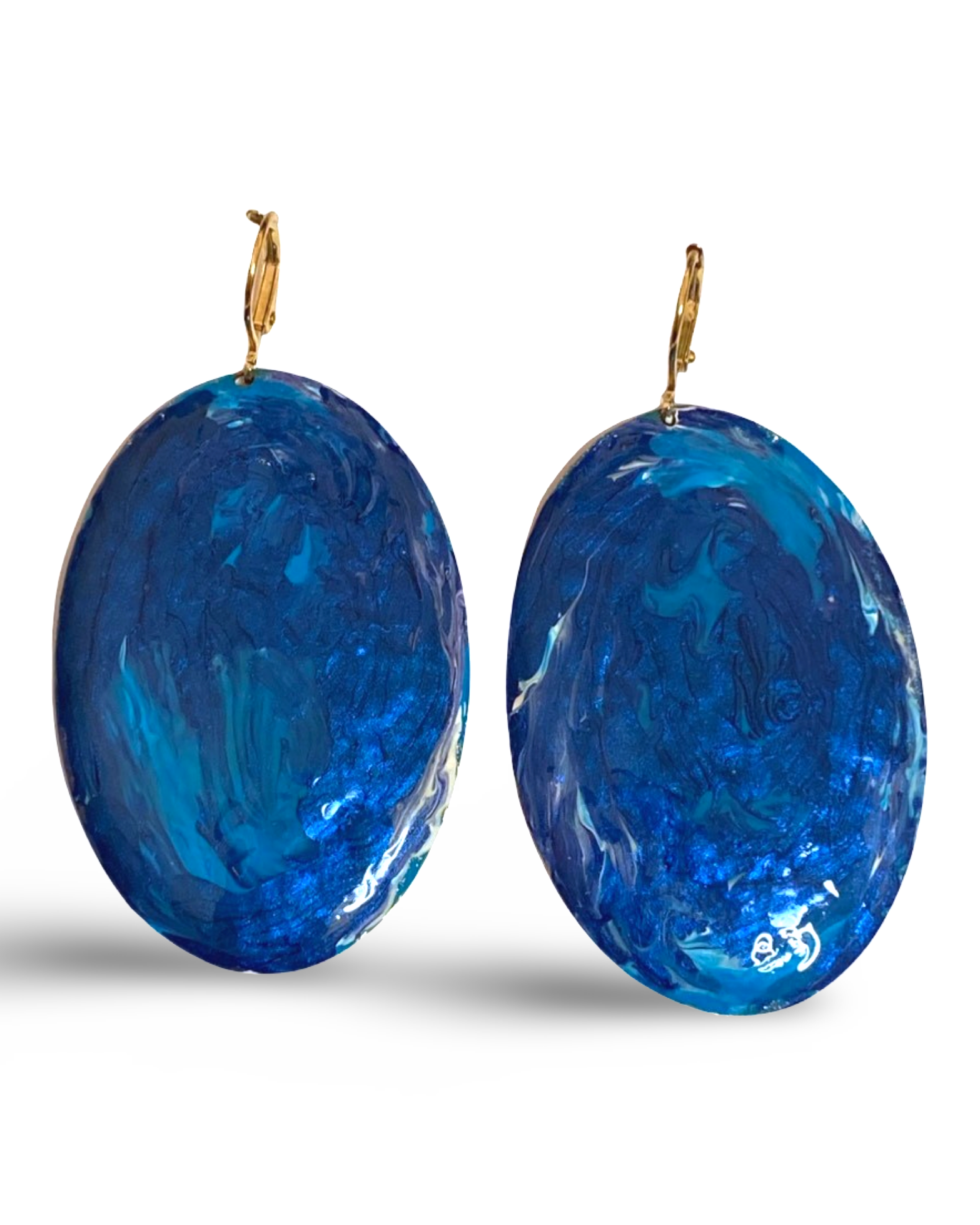 Blue Enamel Marble Oval Dome Earrings