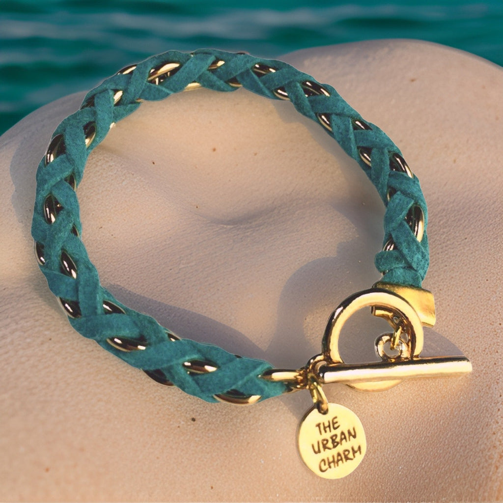 Turquoise Suede Woven Cable Chain Toggle Bracelet
