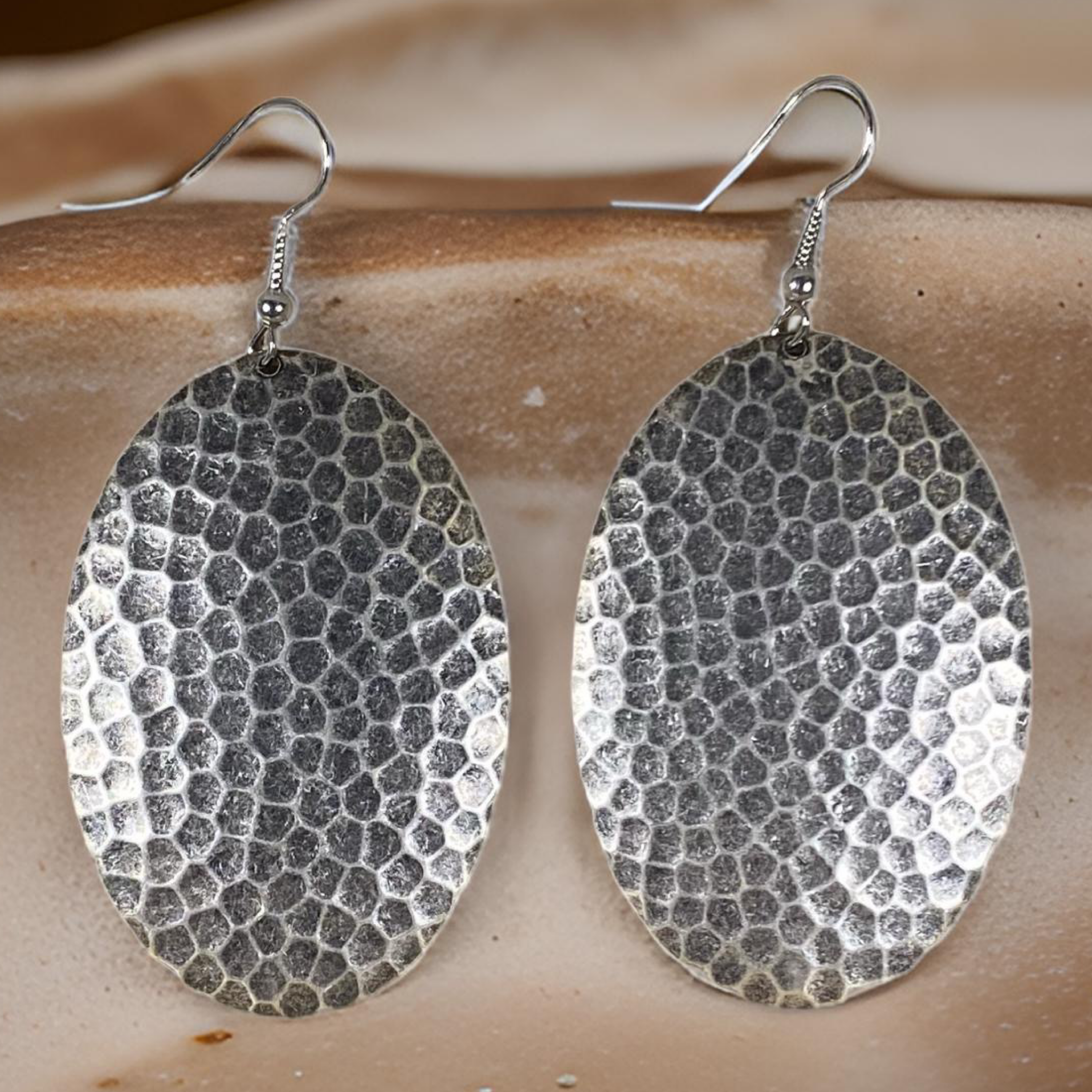 Hammered Oval Domed Dangle Earrings