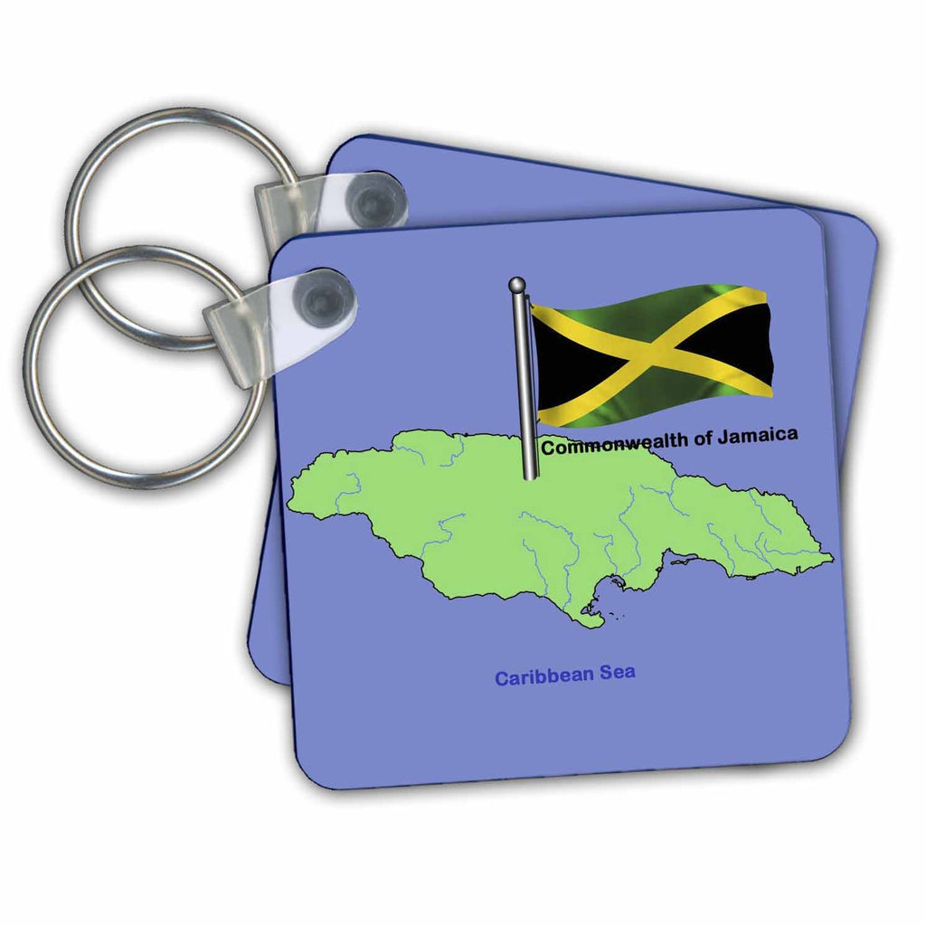 3dRose Key Chains Flag and Map of The Commonwealth of Jamaica with waving Jamaican flag (kc-49044-1)