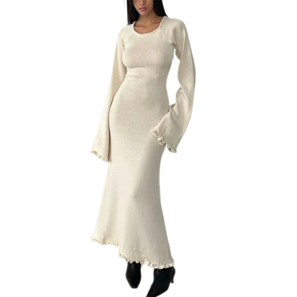 Solid Color Backless Knitted Long Dress for Women
