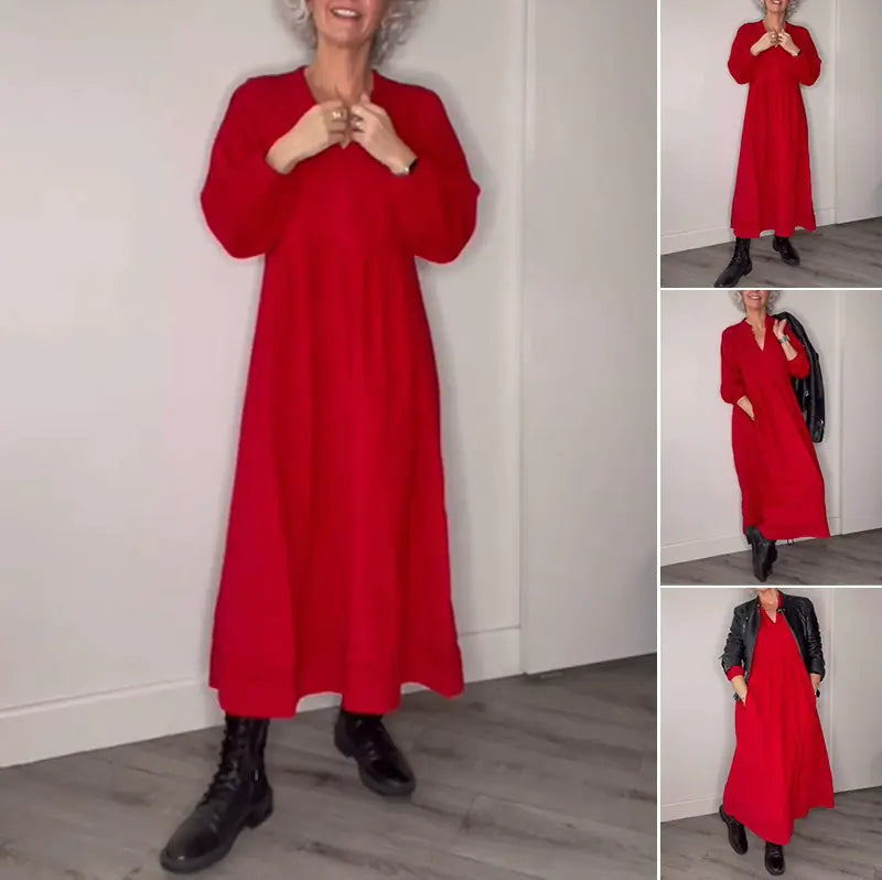 Fall Winter Women's Solid Color V-Neck Dress
