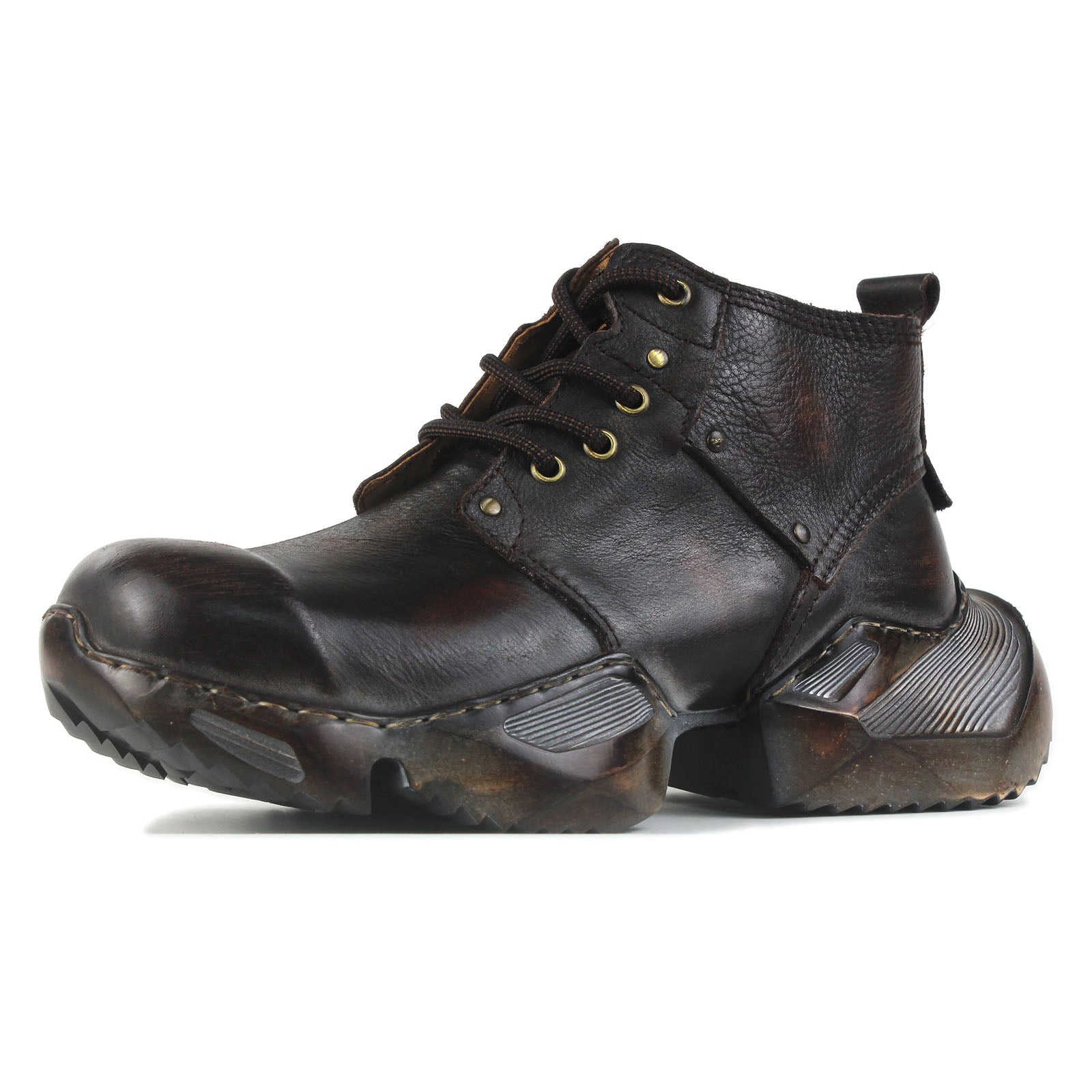 Men's Leather athletic walking Moto Boots OS-5008-S-1 Retro Darkbrown