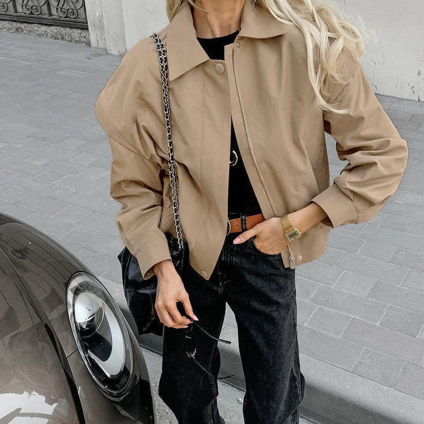 Khaki Trench Coat Women Simple French Collared Overalls Loose Bomber Jacket Design Women Clothing