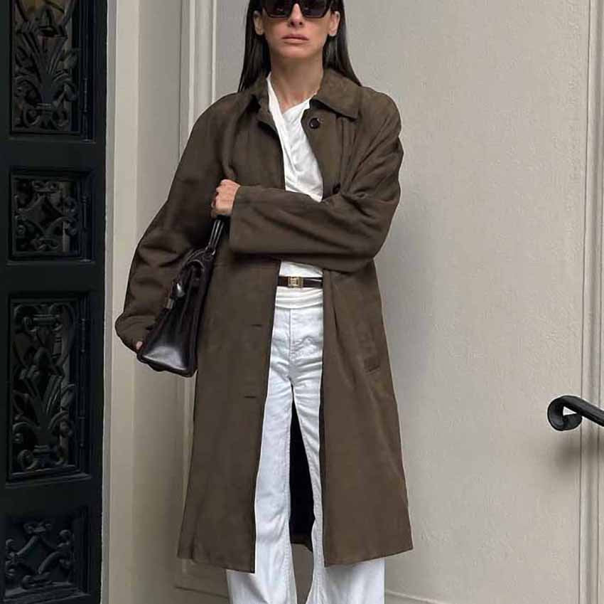 Spring Summer Casual Retro Classic Brown Long Knitted Suede Fabric Long Sleeve Overall Trench Coat Women