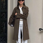 Spring Summer Casual Retro Classic Brown Long Knitted Suede Fabric Long Sleeve Overall Trench Coat Women