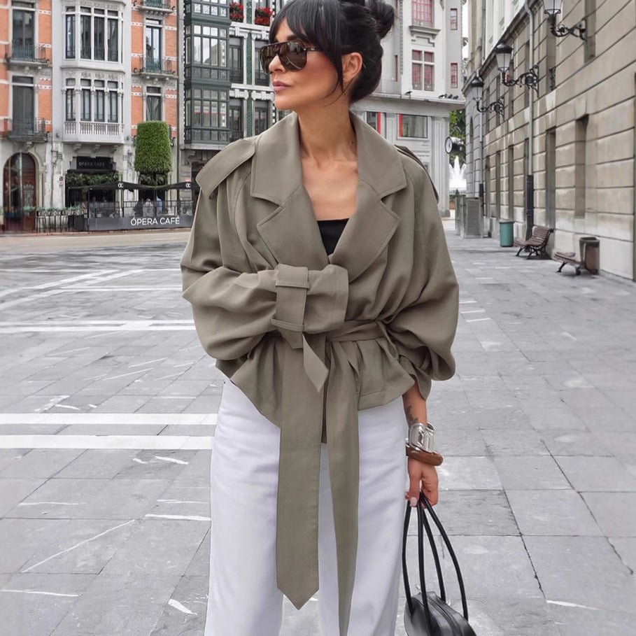 High End French Large Collared Lace up Windbreaker Women Autumn Coat