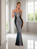 Ladies Color Matching Evening Dress Sexy V neck Tube Top Backless Dress