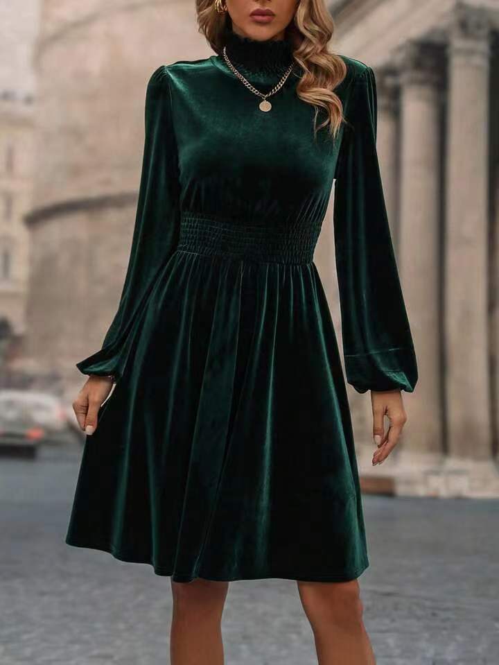 Autumn Winter Women Clothing Velvet Long Sleeves Dress Solid Color Slim Dress