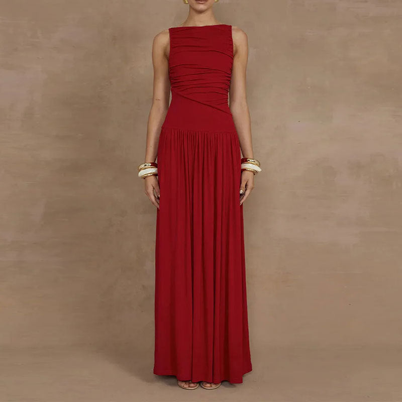 Summer Pleated Sleeveless Solid Color Waist Tight Sexy Maxi Dress