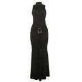 Women Clothing Solid Color Half Collar Slim Fit Sexy Metal Frog Button Dress