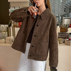 Autumn Winter Retro Maillard Suede Collared Long Sleeved Coat Women Simple Light Luxury Loose Figure Flattering
