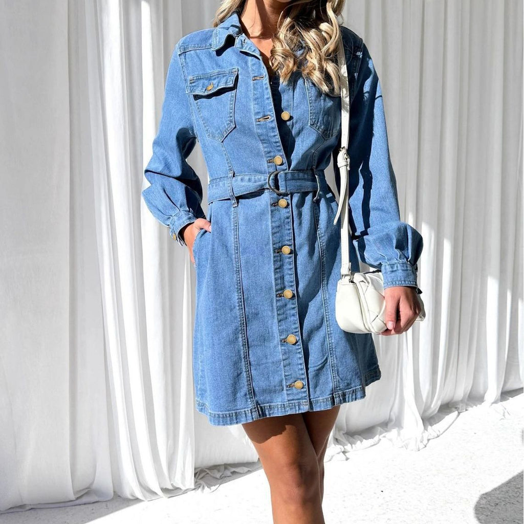 Casual Button Lace Up Slimming Long Sleeved Denim Dress Women
