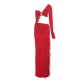 Women Clothing Autumn Winter Sexy Solid Color Hollow Out Cutout Single Sleeve Side Split Dress Women