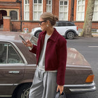 Autumn Elegant Wine Red Collared Cropped Jacket All Matching Loose Zipper Coat