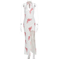 Summer Sexy Women Printed Wear Lace up Backless V neck Slim Fit Slit Dress