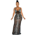 Rhinestone Sexy Spaghetti Straps Corset Mesh See through Maxi Dress