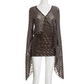 Women Clothing Autumn Solid Color Wavy Net Cross Flared Long Sleeve Backless Sheath Dress