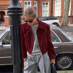 Autumn Elegant Wine Red Collared Cropped Jacket All Matching Loose Zipper Coat