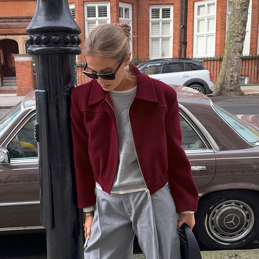 Autumn Elegant Wine Red Collared Cropped Jacket All Matching Loose Zipper Coat