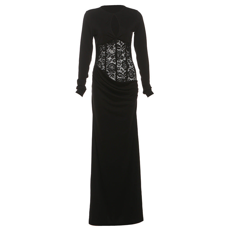 Autumn Winter Women Solid Color Sexy round Neck Lace Hollow Out Cutout Slim Sheath Dress