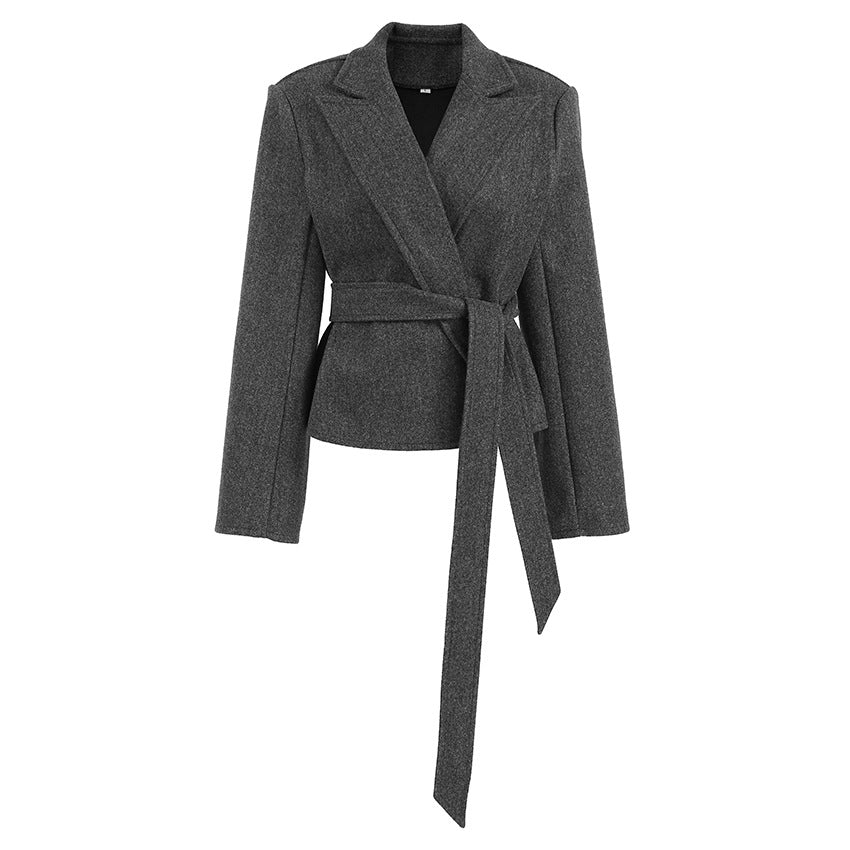 Fall Winter Short Blazer Women All Matching Youthful Looking Lace up Waist Woolen