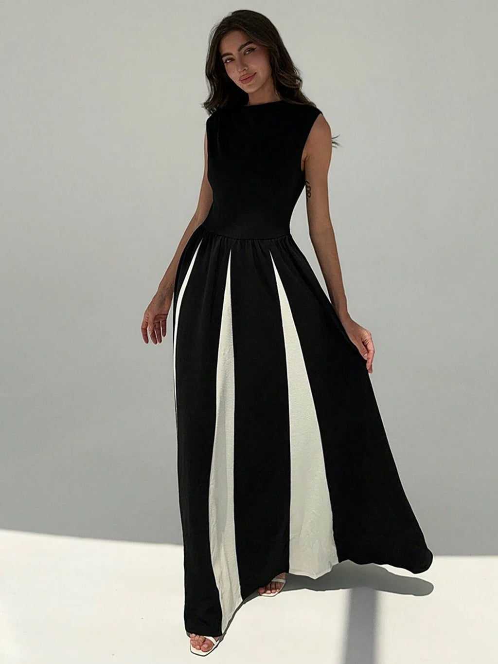Elegant round Neck Sleeveless Waist Color Contrast Patchwork Dress Evening Dress Women Dress