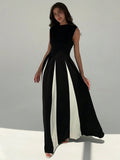 Elegant round Neck Sleeveless Waist Color Contrast Patchwork Dress Evening Dress Women Dress